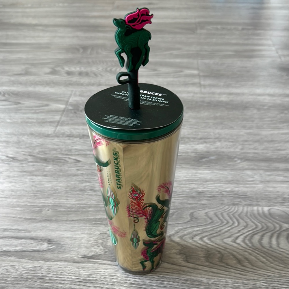 Starbucks Gold Tumbler with Green and Pink